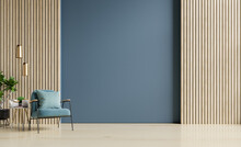 Stylish Modern Wooden Living Room Has An Armchair On Empty Dark Blue Wall Background.