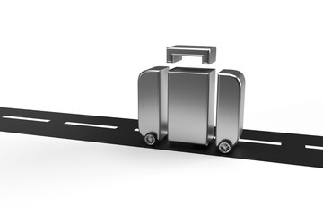Wall Mural - silver suitcase icon and luggage on the road as car on isolated background.