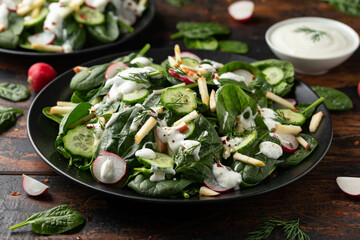 Wall Mural - Fresh cucumber radish apple salad with spinach, dill and yogurt dressing. Healthy food
