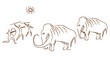 Primitive people hunt mammoth rock paintings illustration. Primitive bow and spear hunters attack ancient woolen elephants in light vector sun.