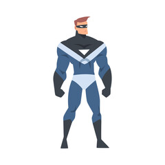 Wall Mural - Front View of Man Superhero Character in Black and Blue Costume Cartoon Vector Illustration