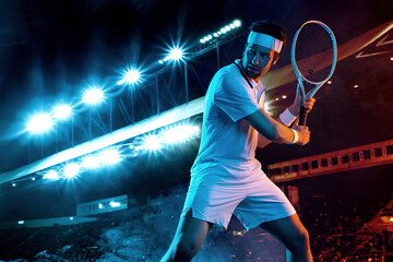 Tennis player with racket in white t-shirt. Man athlete playing on grand arena with tennis courts.