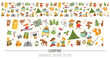 © Lexi Claus - Vector summer camp seamless pattern brush. Camping, hiking, fishing equipment horizontal border with cute kids and forest animals. Outdoor nature tourism repeat background .