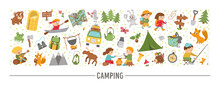 Vector Horizontal Set With Cute Comic Forest Animals, Elements And Children Doing Summer Camp Activities. Card Template Border Design With Woodland Characters And Kids On Holidays. .