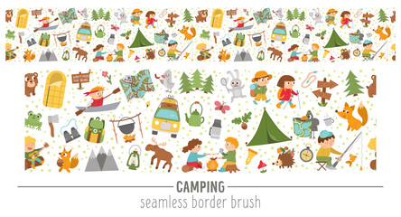Vector summer camp seamless pattern brush. Camping, hiking, fishing equipment horizontal border with cute kids and forest animals. Outdoor nature tourism repeat background .