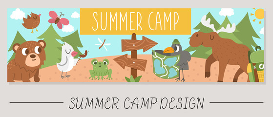 Wall Mural - Cute Summer camp horizontal card with comic adorable forest animals in the woods. Vector adventure trip print template. Active holidays or local tourism bookmark or border banner design .