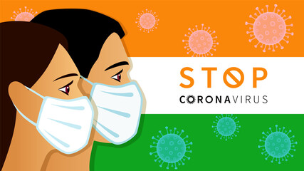 Wall Mural - Stop Coronavirus, quarantine concept with men and women in medical mask on India flag. Time to vaccinate banner - vaccine for COVID-19 and social distancing for Indian people