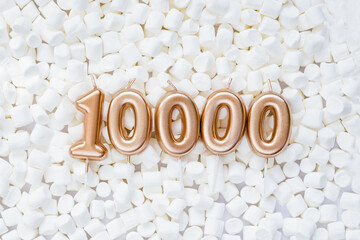 Wall Mural - 10000 followers card. Template for social networks, blogs. Background with white marshmallows. Social media celebration banner. 10k online community fans. 10 ten thousand subscriber
