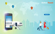 © Kate3155 - Online booking travel, transportation technology concept. Airplane from smartphone screen with couple, man and woman carrying luggages traveling overseas with world map and pin point background.