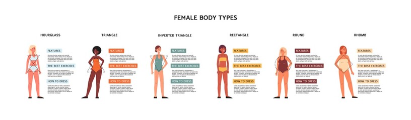 Female body types in classification of geometric shapes, vector illustration.