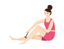 Young Woman Shaving Legs With Safety Razor A Flat Vector Illustration.