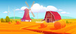Windmill and barn on farm nature rural background with hay stacks on field and eco wind mills under cloudy sky. Countryside farmland tranquil summer time or fall landscape. Cartoon vector illustration
