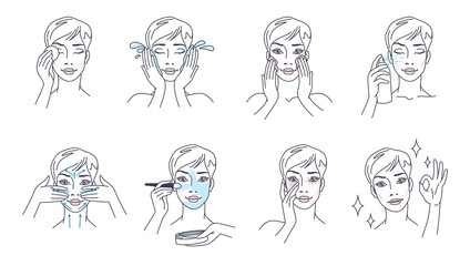 Skin care steps. Routine beauty procedures. Cartoon woman washes face with cosmetic cleansers and makeup removers. Female character uses masks and moisturizers. Vector girl cleans body