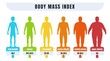 Man BMI. Body mass index infographics for male with normal weight and obesity. Fat and skinny silhouettes. Diagram for medical diagnostic. Vector underweight or adiposity diagnosis