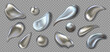 © SpicyTruffel - Realistic metal drops. 3D chrome paint splash. Mercury drip and liquid silver blob shapes. Melted smears or round droplets on transparent background. Vector glittering brushstrokes set