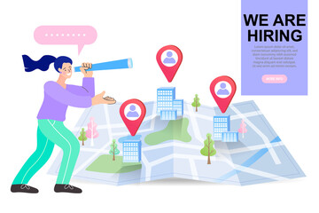 Find people employer business concept. We're Hiring Speech. Job hiring and online recruitment. Human resources. HR with binoculars is looking for creative workers.