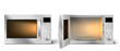 © klyaksun - Modern microwave oven with open and closed door and lit lamp inside. Kitchen electric appliance for cooking food. Vector realistic 3d empty white microwave oven with display, buttons and glass plate