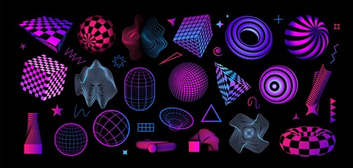 Wall Mural - retro futuristic shapes. abstract geometric figures. bright cubes and spheres with grid texture. con