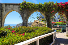 Three Stone Arches Covered With Lush Green Plants And Red Flowers With Beautiful Views Of The Deep Blue Ocean And Blue Sky At Dana Point Bluff Top Trail In Dana Point California USA