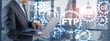 © Funtap - Businessman pressing touch screen FTP. Blue IT concept