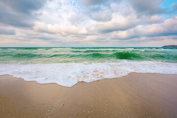 Wall Mural - evening landscape at the sea. beautiful nature scenery. summer vacation concept. dramatic sky above 