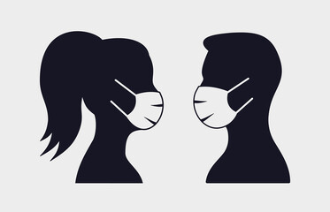 Wall Mural - Man and woman profile icon in mask. Vector illustration isolated.