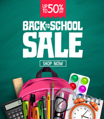 Back to school sale vector banner design. Back to school promotion text  with 50% off educational supplies for advertisement design. Vector illustration 