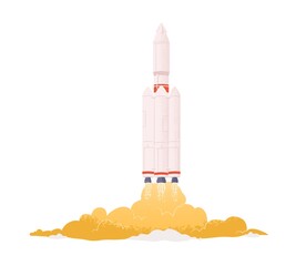 Wall Mural - intergalactic rocket launch. spaceship takeoff with fire flames from engine. spacecraft taking off. 