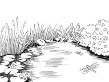 Pond Graphic Black White Landscape Sketch Illustration Vector 