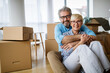 © NDABCREATIVITY - Portrait of happy senior couple in love moving in new home