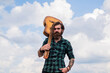 © be free - Music makes you smarter. casual styled guitarist. modern looking bearded hipster with acoustic guitar. music concept. brutal handsome man with moustache play guitar. mature musician and singer