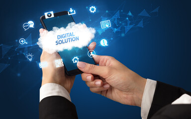 Hand using smartphone with cloud technology concept