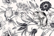 Vintage spring seamless pattern. Lovely flowers and cute birds. Black and white. Vector