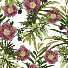 Wall Mural - Blooming hellebore flowers. Floral seamless pattern. Winter rose. Lenten Rose with with many kind of tropical leaves. Detailed drawing watercolor style.