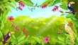 Jungle vector landscape, tropical forest background, toucan, parrot, exotic flower, sun rays. Summer nature Brazil rainforest view, banana leaf, wildlife floral banner. Jungle landscape, palm outline
