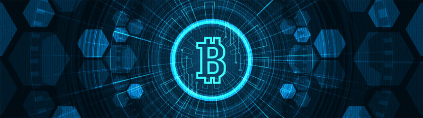 Panorama Abstract Digital Bitcoin Crypto Currency on Technology background, Blockchain and Finance concept,Vector.