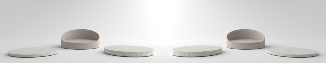 Wall Mural - 3d rendering of round marble pedestal, podium for display product on the white floor. pedestal can b