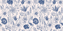 Blue And White Cover. Floral Seamless Pattern. Vintage Spring Background.  Vector.