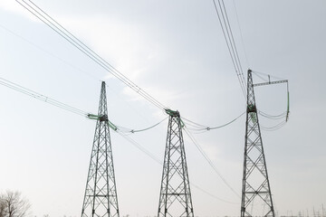  Electric poles in the fields during the daytime. Transportation of alternative and renewable electricity.