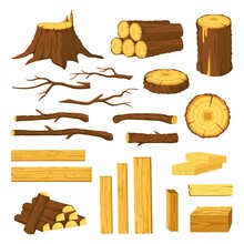 Wood Trunks And Planks. Raw Materials For Lumber Industry, Logs, Stumps, Tree Stubs With Bark And Wooden Bars. Cartoon Firewood Vector Set