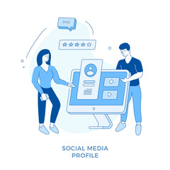 Wall Mural - linear flat social media profile concept illustration. female cartoon character editing profile info