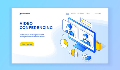 Wall Mural - video conferencing. isometric vector illustration of computer monitor with people avatars on banner 