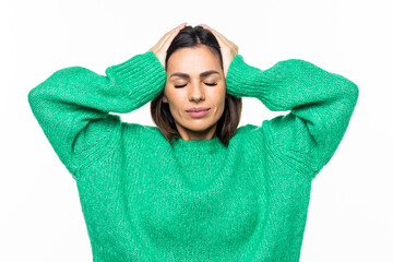 Young woman disappointed hands on head isolated on white background