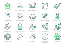 Cat Litter Line Icons. Vector Illustration Include Icon - Sandbox, Kitty Tray Filter, Bag, Biodegradable, Natural Outline Pictogram For Animal Toilet Absorber. Green Color, Editable Stroke