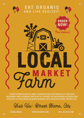 Local Farm Market flyer A4 format. Farm Fresh organic products poster graphic design with tractor, mill and barn. Stock retro card