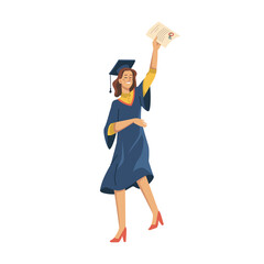 Woman student celebrating university graduation isolated flat cartoon character. Vector girl in academic gown, mortarboard cap, high heels, diploma education certificate in hand. Joyful female person