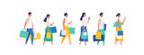Fototapeta  - Masked people carrying shopping bags at summer. Man and woman taking part in seasonal sale at store, shop, mall.