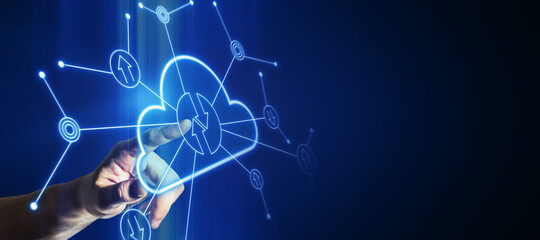 Data exchange and cloud service concept with man finger on digital touch screen with glowing virtual cloud sign and arrows in circles on dark background with copyspace. Mockup