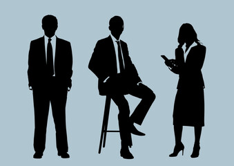 Wall Mural - Business people group silhouettes pose on grey colour background, flat line vector and illustration.