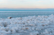 Selective focus shot of the snowy lake Balaton in Hungary
